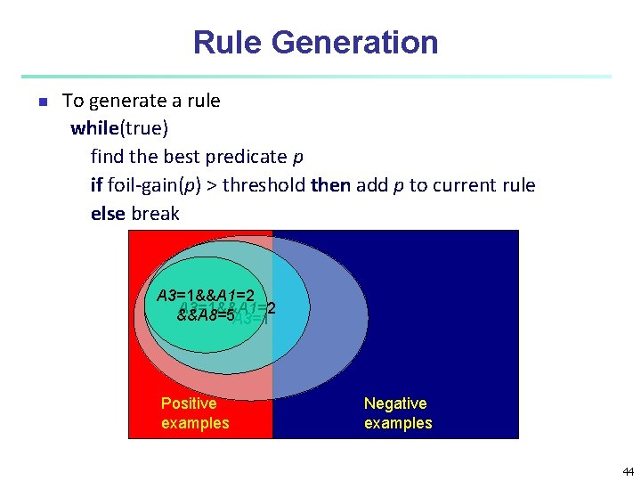 Rule Generation n To generate a rule while(true) find the best predicate p if