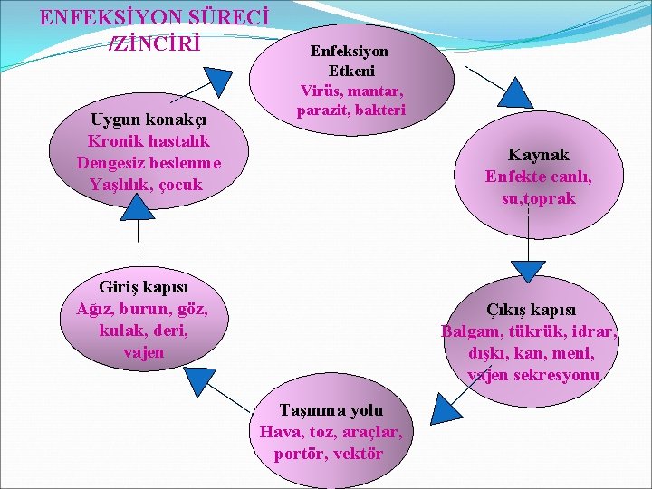 ENFEKSİYON SÜRECİ /ZİNCİRİ Uygun konakçı Kronik hastalık Dengesiz beslenme Yaşlılık, çocuk Enfeksiyon Etkeni Virüs, ENFEKSİYON SÜRECİ /ZİNCİRİ Uygun konakçı Kronik hastalık Dengesiz beslenme Yaşlılık, çocuk Enfeksiyon Etkeni Virüs,
