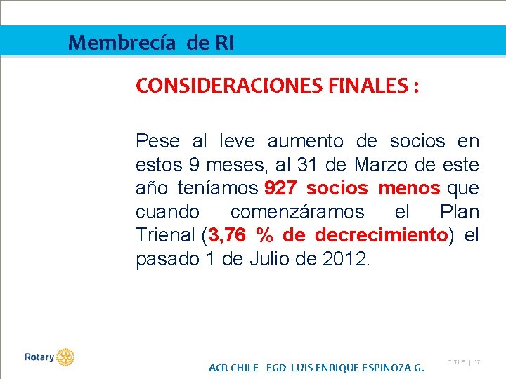 Membrecía de RI CONSIDERACIONES FINALES : Pese al leve aumento de socios en estos