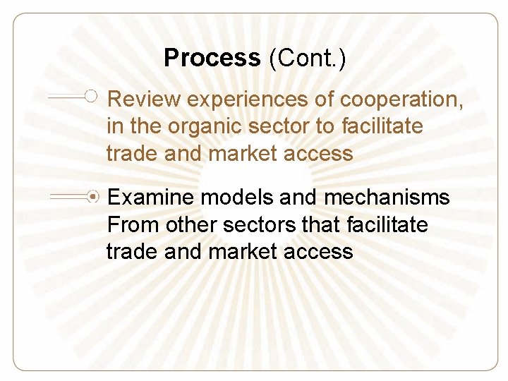 Process (Cont. ) Review experiences of cooperation, in the organic sector to facilitate trade