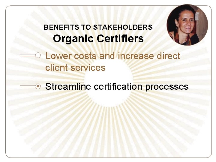 BENEFITS TO STAKEHOLDERS Organic Certifiers Lower costs and increase direct client services Streamline certification