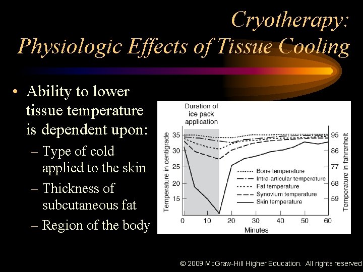 Cryotherapy: Physiologic Effects of Tissue Cooling • Ability to lower tissue temperature is dependent