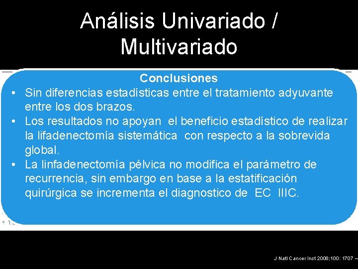 Análisis Univariado / Multivariado Conclusiones • Sin diferencias estadísticas entre el tratamiento adyuvante entre