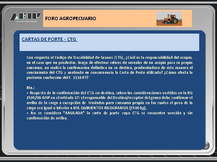 FORO AGROPECUARIO CARTAS DE PORTE - CTG Con respecto al Código de Trazabilidad de