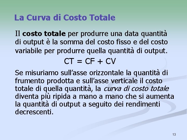 La Curva di Costo Totale Il costo totale per produrre una data quantità di