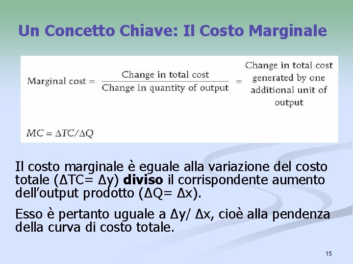 Un Concetto Chiave: Il Costo Marginale Il costo marginale è eguale alla variazione del