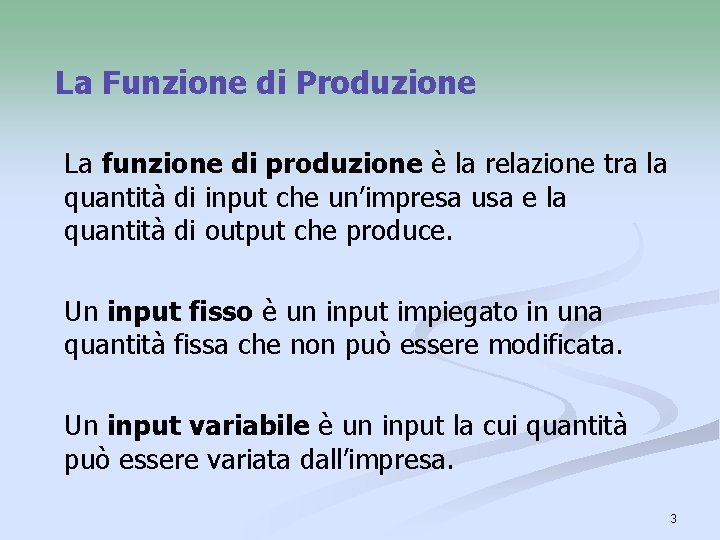 La Funzione di Produzione La funzione di produzione è la relazione tra la quantità