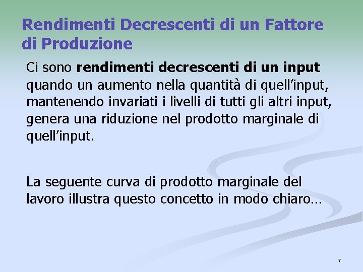 Rendimenti Decrescenti di un Fattore di Produzione Ci sono rendimenti decrescenti di un input