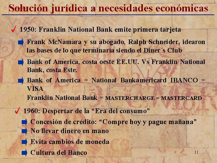 Solución jurídica a necesidades económicas ______________________ 1950: Franklin National Bank emite primera tarjeta Frank