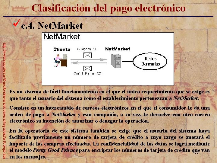 Clasificación del pago electrónico _____________________________ c. 4. Net. Market http: //www. eurociber. es/Eurociber/servicios/comercio/seguridad/set/cuerpo. htm