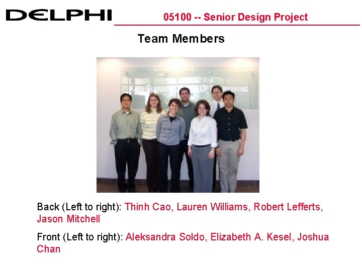 05100 -- Senior Design Project Team Members Back (Left to right): Thinh Cao, Lauren