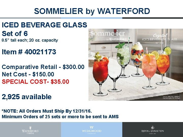 SOMMELIER by WATERFORD ICED BEVERAGE GLASS Set of 6 8. 5” tall each; 20