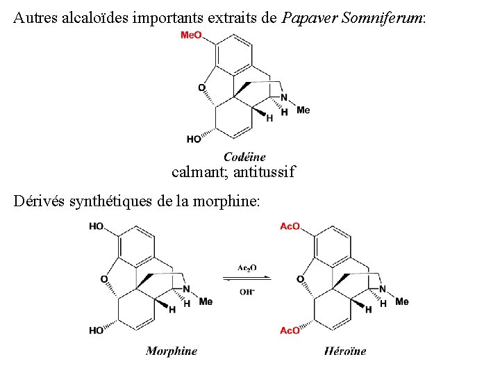 Autres alcaloïdes importants extraits de Papaver Somniferum: calmant; antitussif Dérivés synthétiques de la morphine: