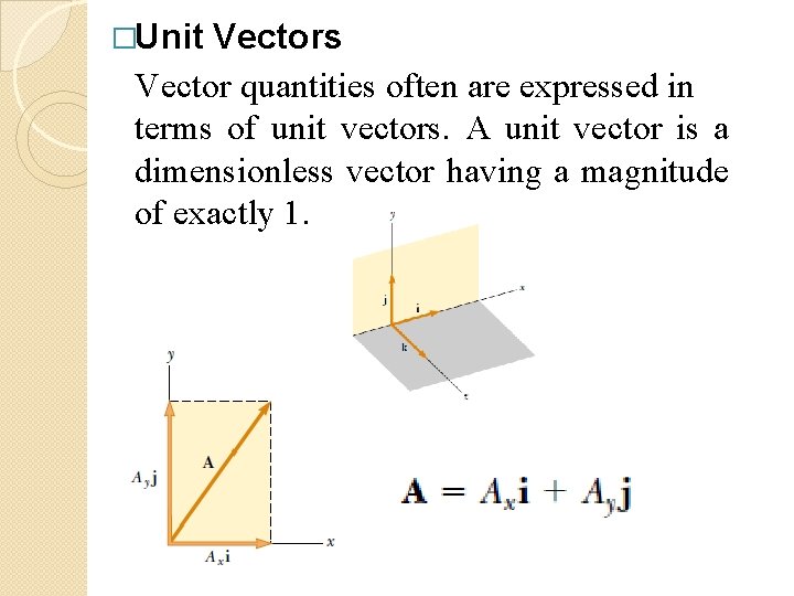 �Unit Vectors Vector quantities often are expressed in terms of unit vectors. A unit