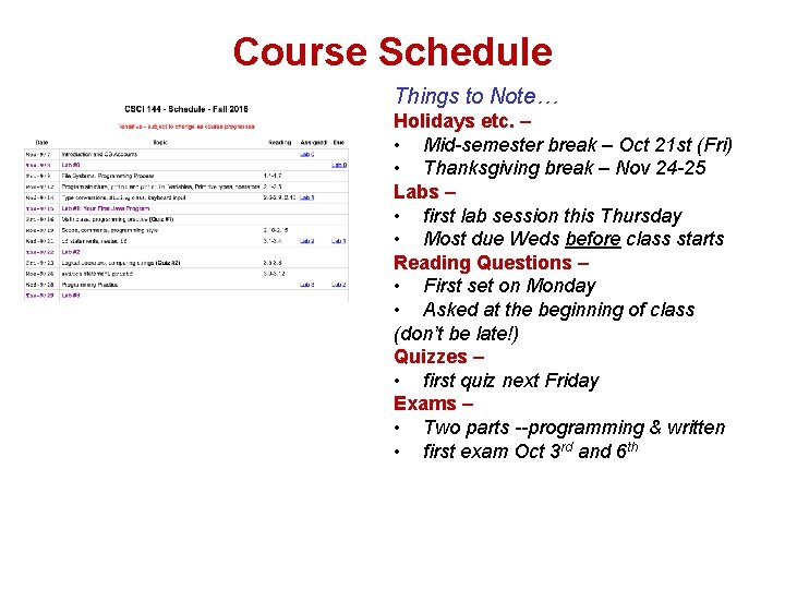 Course Schedule Things to Note… Holidays etc. – • Mid-semester break – Oct 21