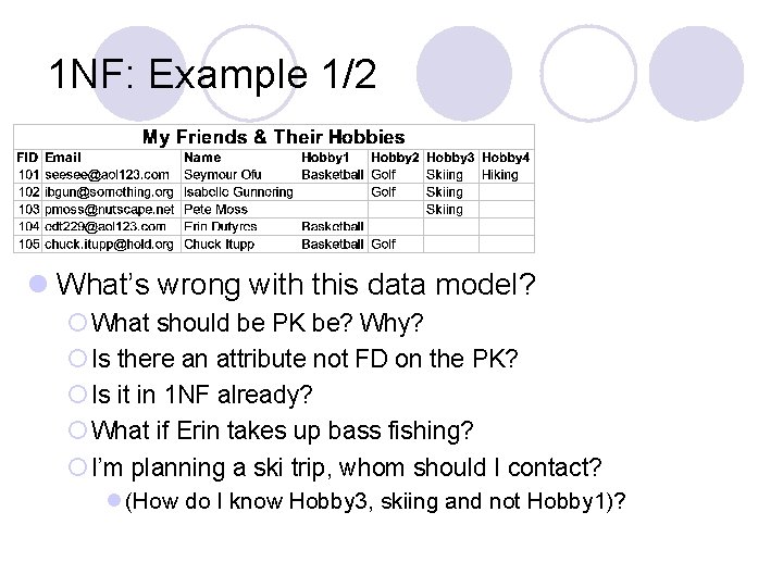 1 NF: Example 1/2 l What’s wrong with this data model? ¡ What should