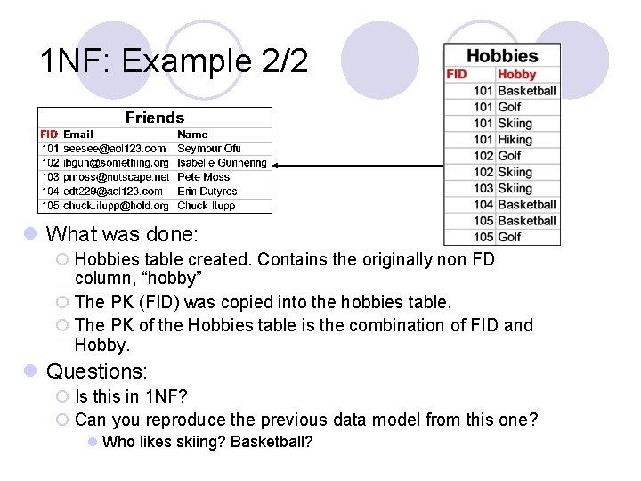 1 NF: Example 2/2 l What was done: ¡ Hobbies table created. Contains the