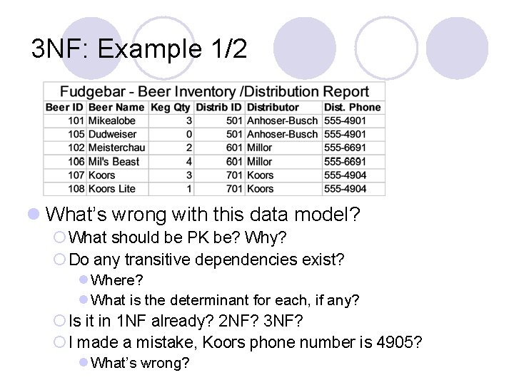 3 NF: Example 1/2 l What’s wrong with this data model? ¡ What should