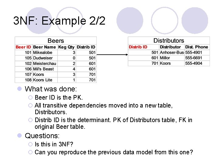 3 NF: Example 2/2 l What was done: ¡ Beer ID is the PK.