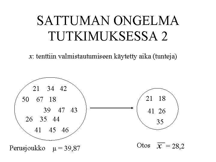 SATTUMAN ONGELMA TUTKIMUKSESSA 2 x: tenttiin valmistautumiseen käytetty aika (tunteja) 21 34 42 50 SATTUMAN ONGELMA TUTKIMUKSESSA 2 x: tenttiin valmistautumiseen käytetty aika (tunteja) 21 34 42 50