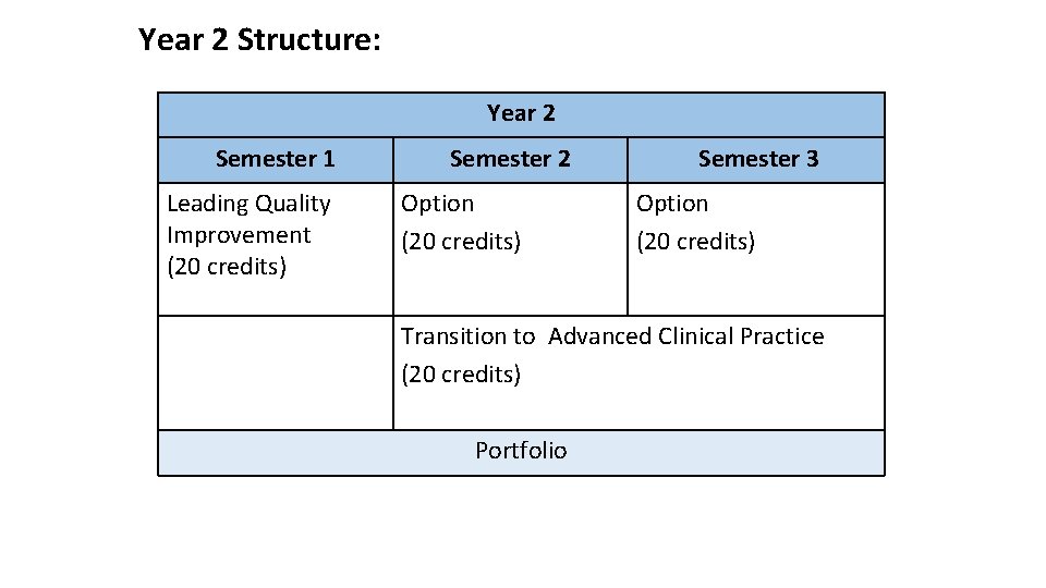Year 2 Structure: Year 2 Semester 1 Leading Quality Improvement (20 credits) Semester 2