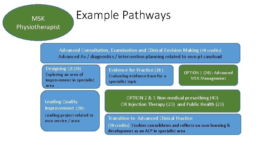 MSK Physiotherapist Example Pathways Advanced Consultation, Examination and Clinical Decision Making (40 credits) Advanced