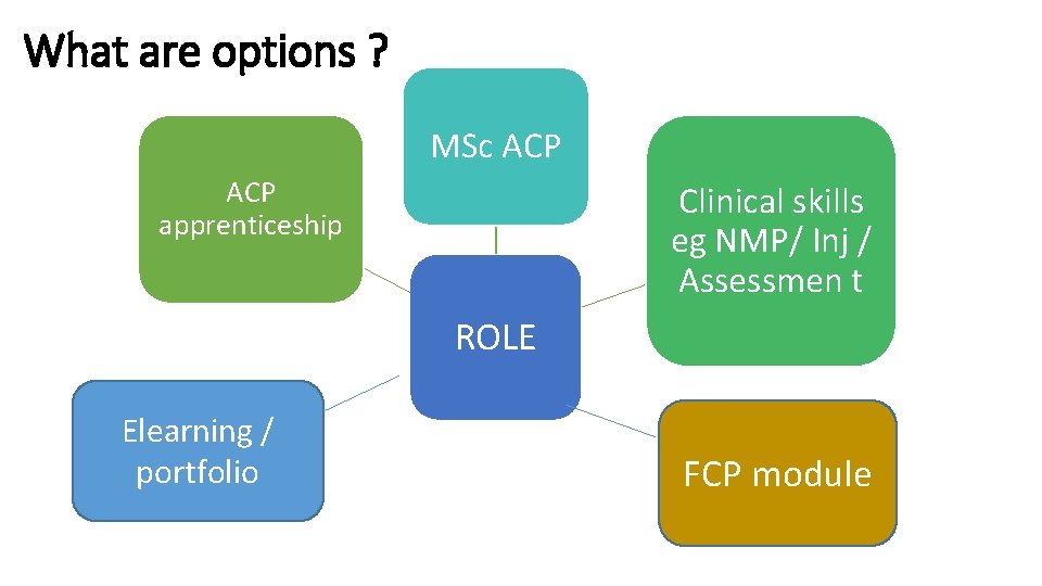 What are options ? MSc ACP apprenticeship Clinical skills eg NMP/ Inj / Assessmen