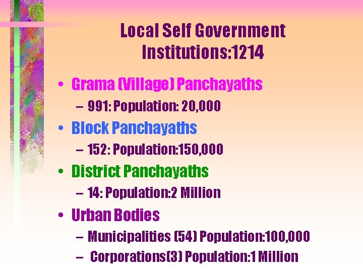 Local Self Government Institutions: 1214 • Grama (Village) Panchayaths – 991: Population: 20, 000