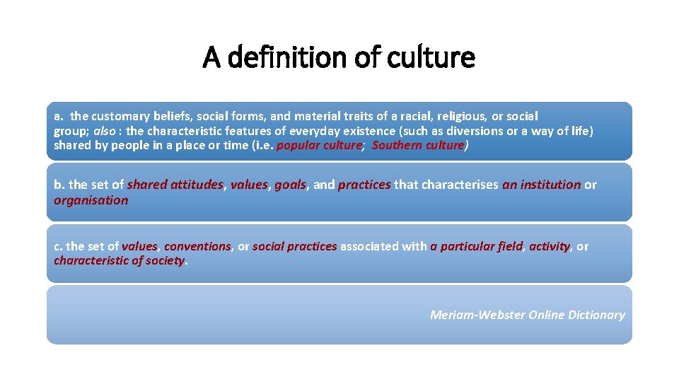 A definition of culture a. the customary beliefs, social forms, and material traits of