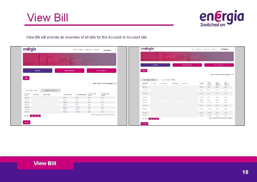View Bill will provide an overview of all bills for the Account or Account
