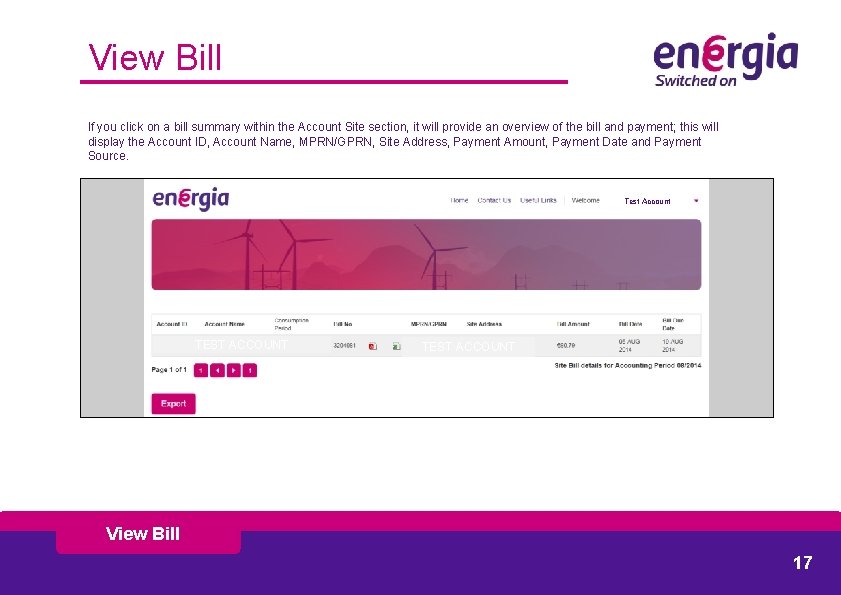 View Bill If you click on a bill summary within the Account Site section,