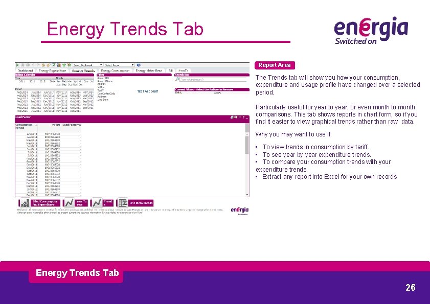 Energy Trends Tab Report Area Test Account The Trends tab will show your consumption,