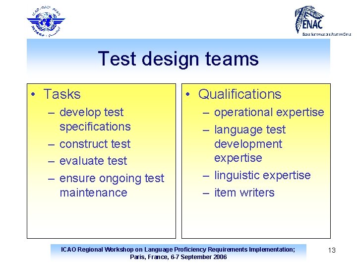 Test design teams • Tasks – develop test specifications – construct test – evaluate