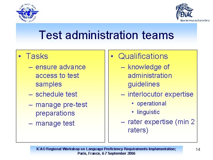 Test administration teams • Tasks – ensure advance access to test samples – schedule