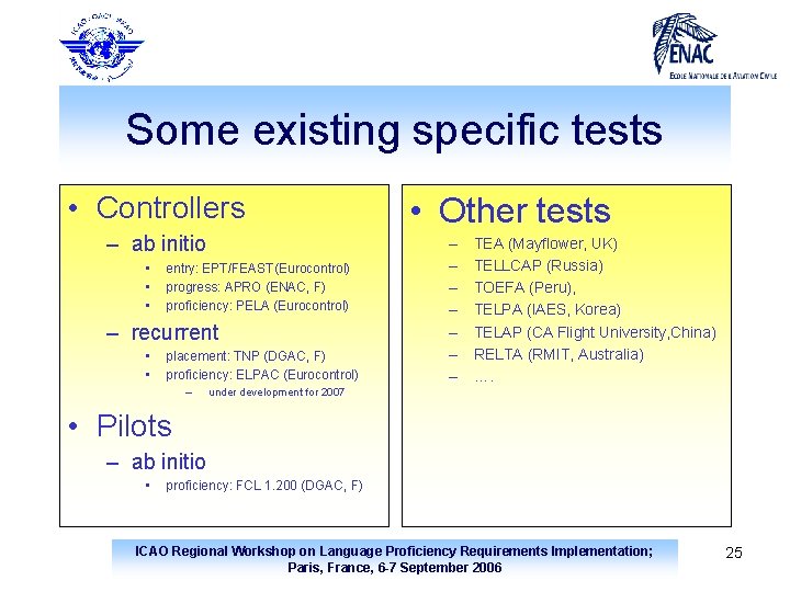 Some existing specific tests • Controllers – ab initio • • • entry: EPT/FEAST(Eurocontrol)