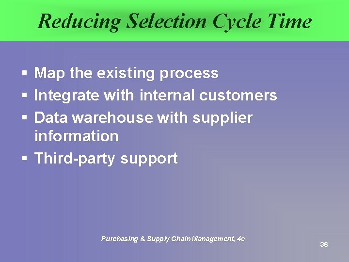 Reducing Selection Cycle Time § § § Map the existing process Integrate with internal