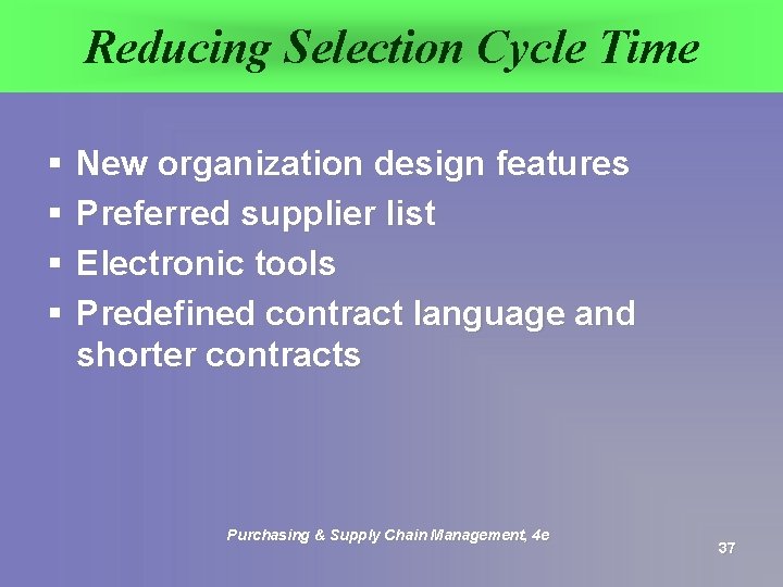 Reducing Selection Cycle Time § § New organization design features Preferred supplier list Electronic