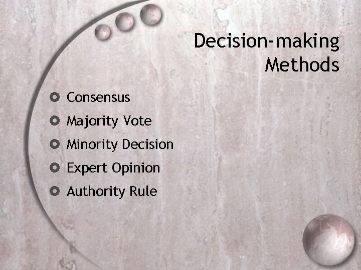 Decision-making Methods Consensus Majority Vote Minority Decision Expert Opinion Authority Rule 