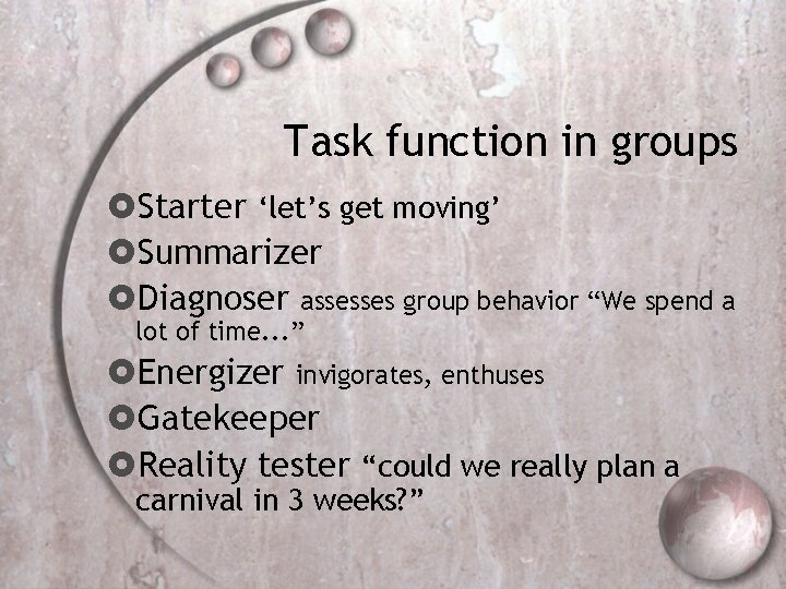 Task function in groups Starter ‘let’s get moving’ Summarizer Diagnoser assesses group behavior “We