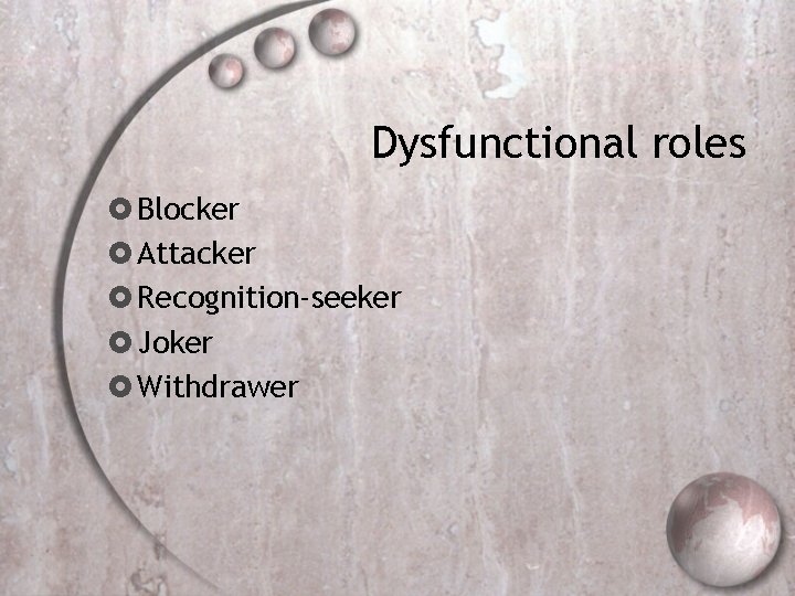 Dysfunctional roles Blocker Attacker Recognition-seeker Joker Withdrawer 