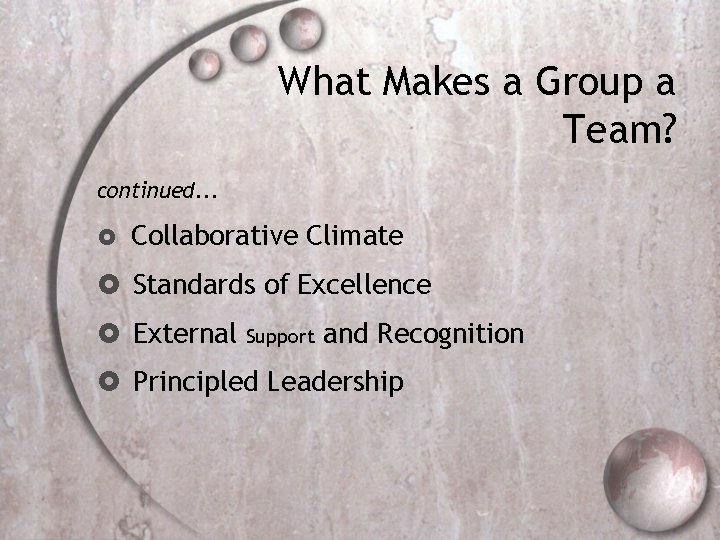 What Makes a Group a Team? continued. . . Collaborative Climate Standards of Excellence