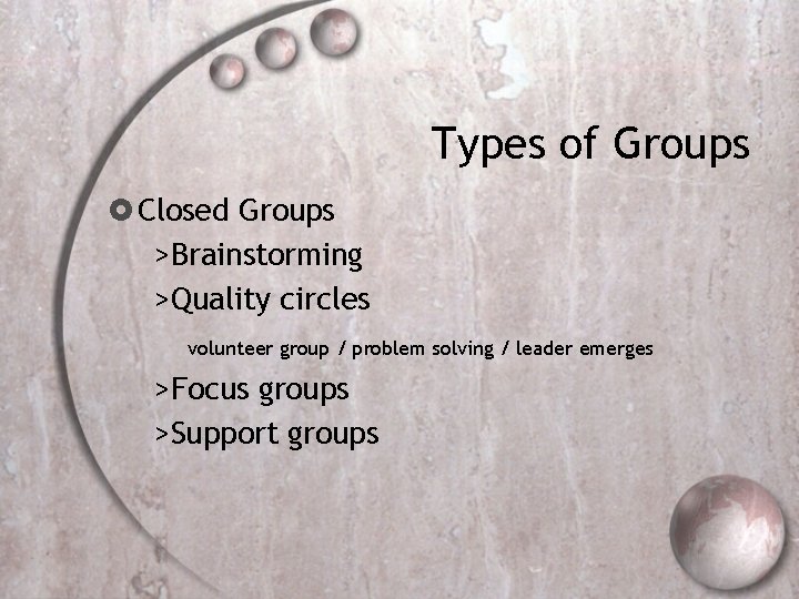 Types of Groups Closed Groups >Brainstorming >Quality circles volunteer group / problem solving /