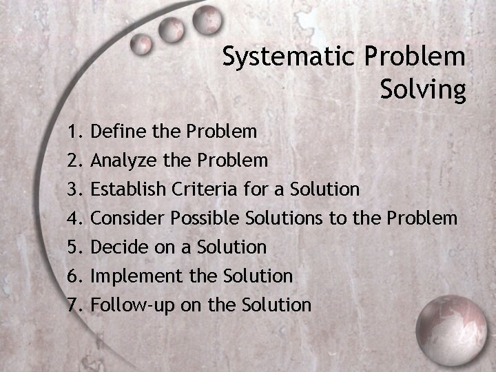 Systematic Problem Solving 1. Define the Problem 2. Analyze the Problem 3. 4. 5.