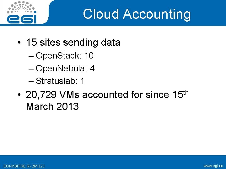 Cloud Accounting • 15 sites sending data – Open. Stack: 10 – Open. Nebula: