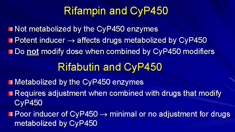 Rifampin and Cy. P 450 Not metabolized by the Cy. P 450 enzymes Potent
