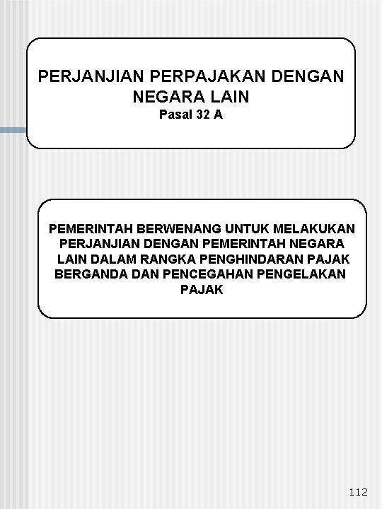 PERJANJIAN PERPAJAKAN DENGAN NEGARA LAIN Pasal 32 A PEMERINTAH BERWENANG UNTUK MELAKUKAN PERJANJIAN DENGAN