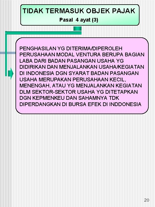 TIDAK TERMASUK OBJEK PAJAK Pasal 4 ayat (3) PENGHASILAN YG DITERIMA/DIPEROLEH PERUSAHAAN MODAL VENTURA