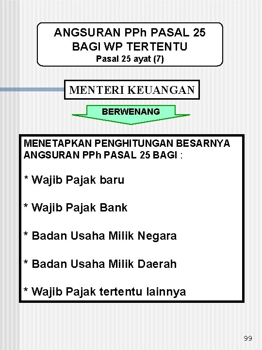 ANGSURAN PPh PASAL 25 BAGI WP TERTENTU Pasal 25 ayat (7) MENTERI KEUANGAN BERWENANG