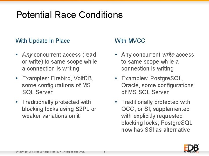 Potential Race Conditions With Update In Place With MVCC • Any concurrent access (read