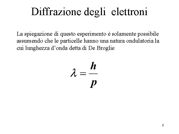 Diffrazione degli elettroni La spiegazione di questo esperimento è solamente possibile assumendo che le